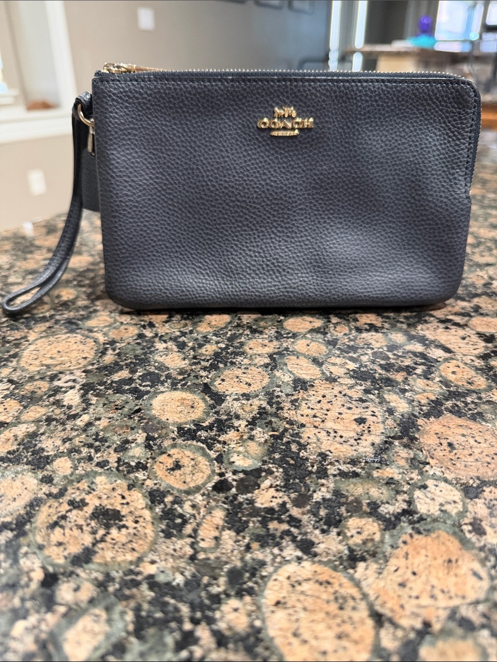 Coach Black double zip Pebbled Leather Wristlet with Gold Logo - Picture 1 of 7